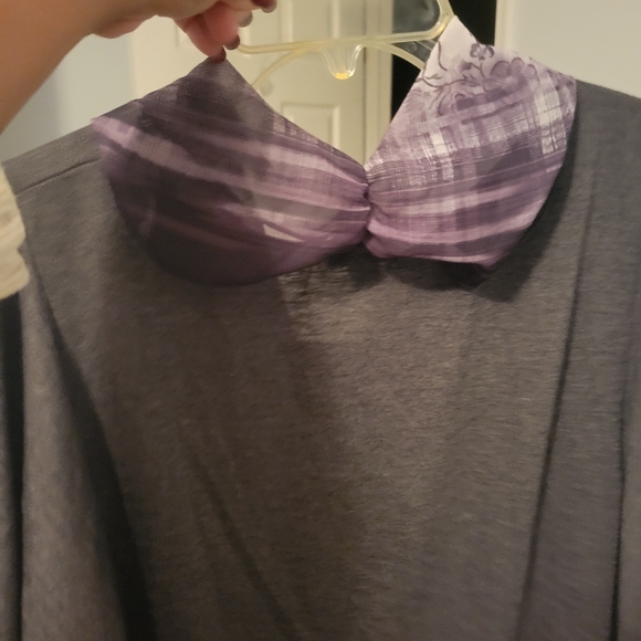 Plus Size Ruffle Short Sleeve Solid Knit Top with Attached Fringe Tassel Scarf - Picture 3 of 11